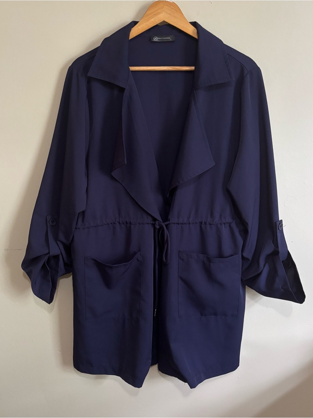 PrettyGarden Navy Blue Drawstring Waist Draped Blazer Jacket Size L